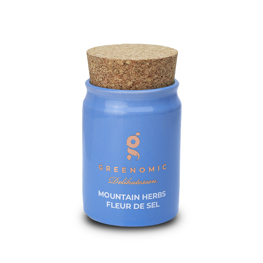 Greenomic Meersalz - verfeinert - Handgeschöpftes Fleur de Sel mit Oregano & Thymian, Zitronenschalen oder Buchenholz geräuchert, 120g Tontopf