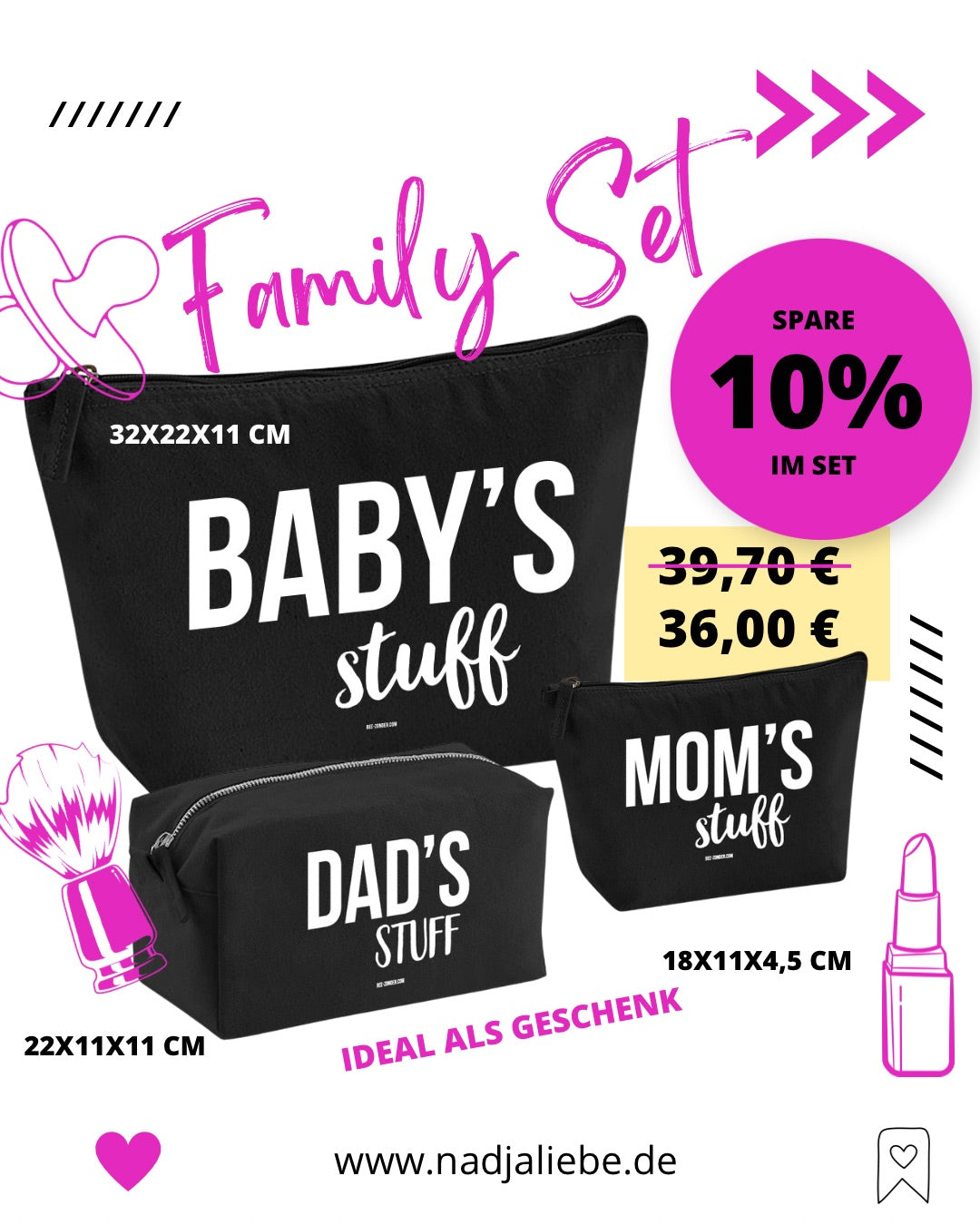 Kulturbeutel/Wickeltasche Family Set