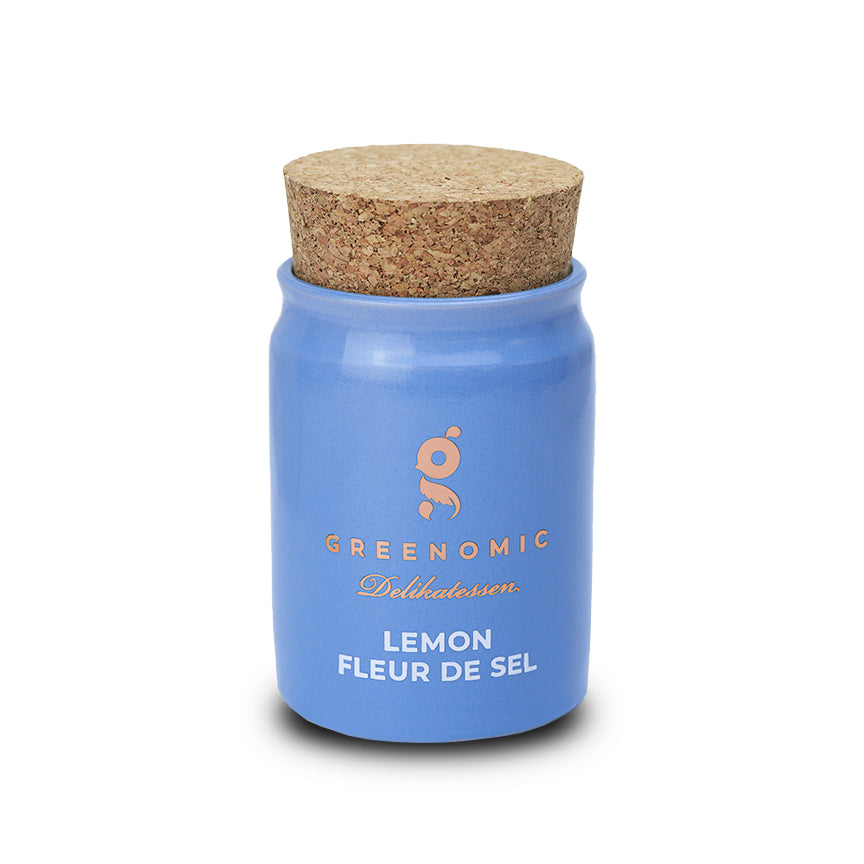 Greenomic Meersalz - verfeinert - Handgeschöpftes Fleur de Sel mit Oregano & Thymian, Zitronenschalen oder Buchenholz geräuchert, 120g Tontopf