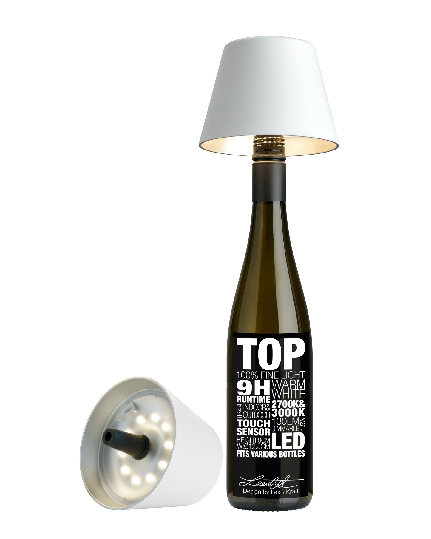 TOP – Akku-Flaschenleuchte, Kunststoff, akkubetrieben, dimmbar, 2 Lichtfarben, 1,5W LED